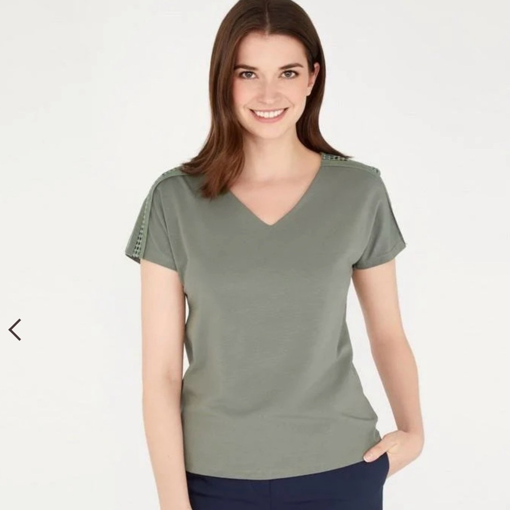 New Laura Ashley Cotton Khaki Green V-Neck Embroidered Eyelash Trim Top UK14US10